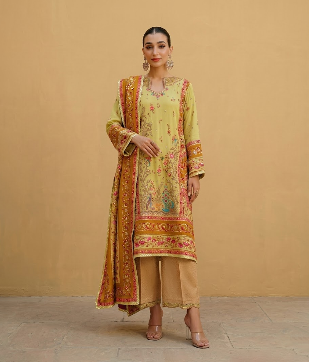 Olive Mustard Zardozi & Resham Embroidered Culotte Suit