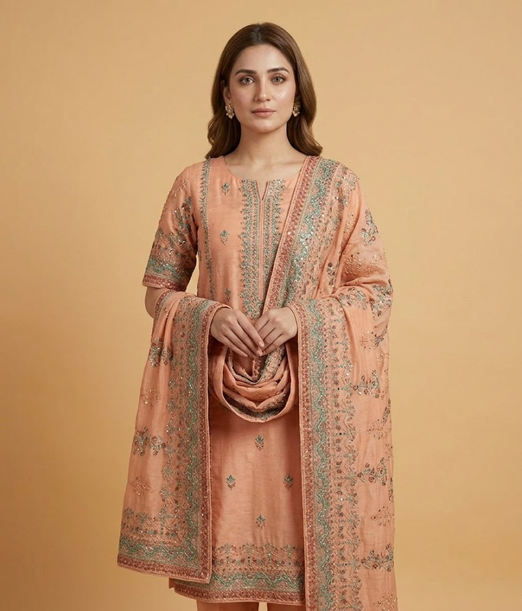 Orange Raw Silk 2 Piece Shirt and Dupatta