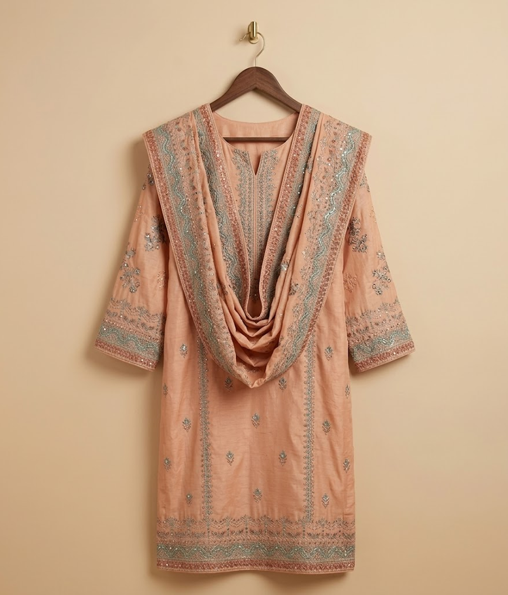 Orange Raw Silk 2 Piece Shirt and Dupatta