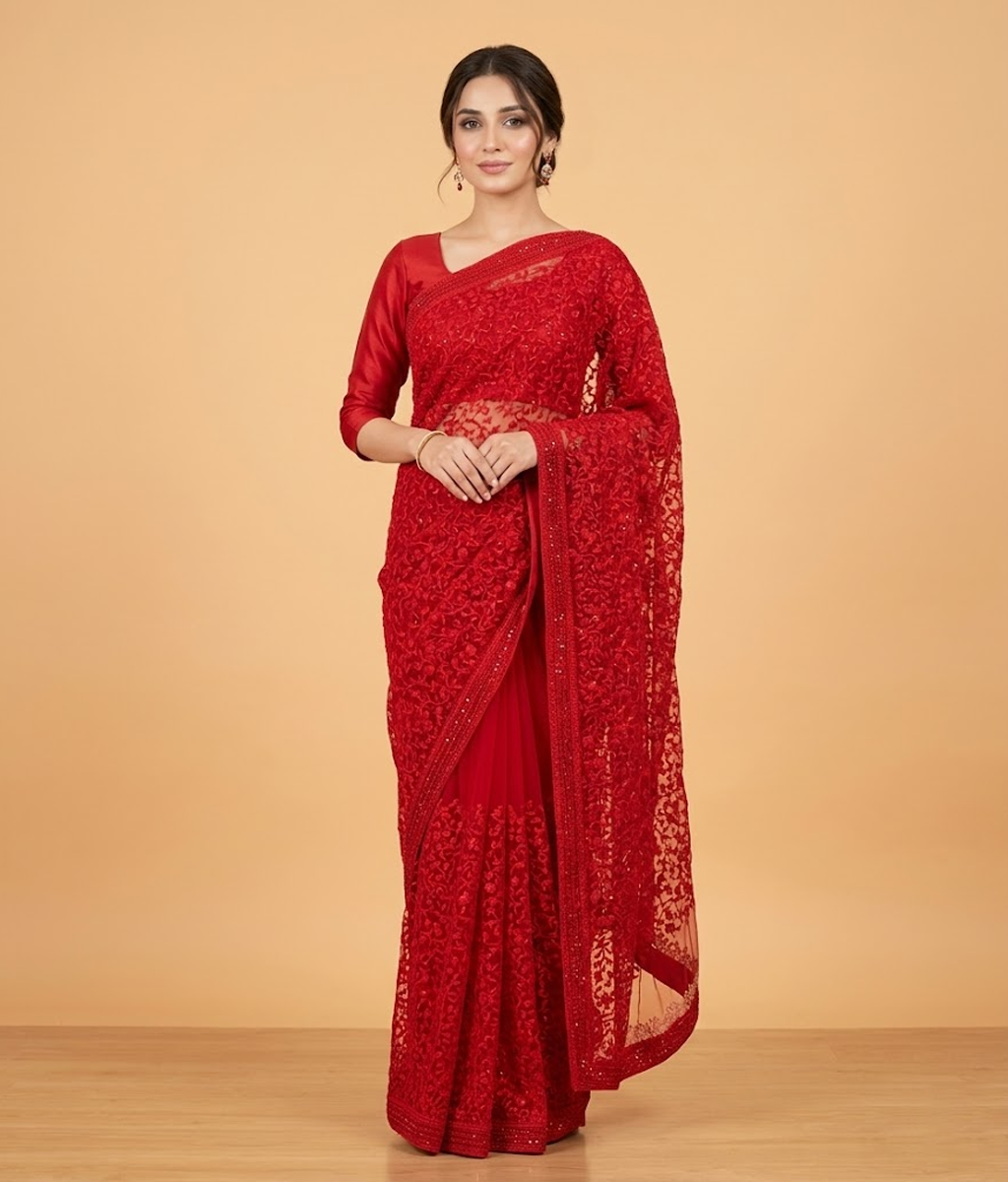 Orange and red Embroidered Jaal Net Saree