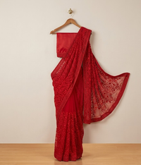 Orange and red Embroidered Jaal Net Saree
