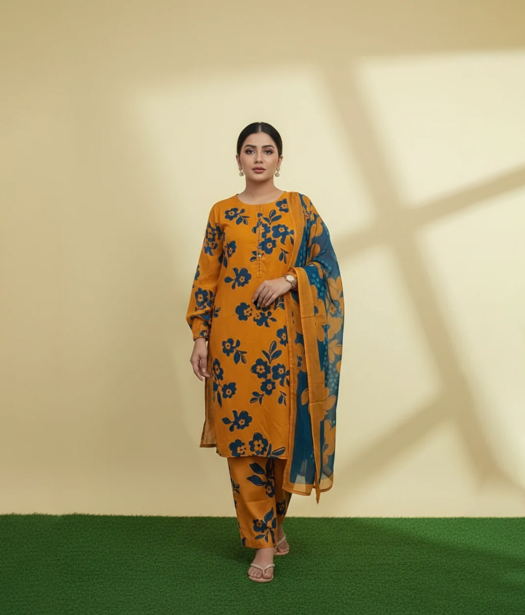Orange arabic Lawn printed 3 piece