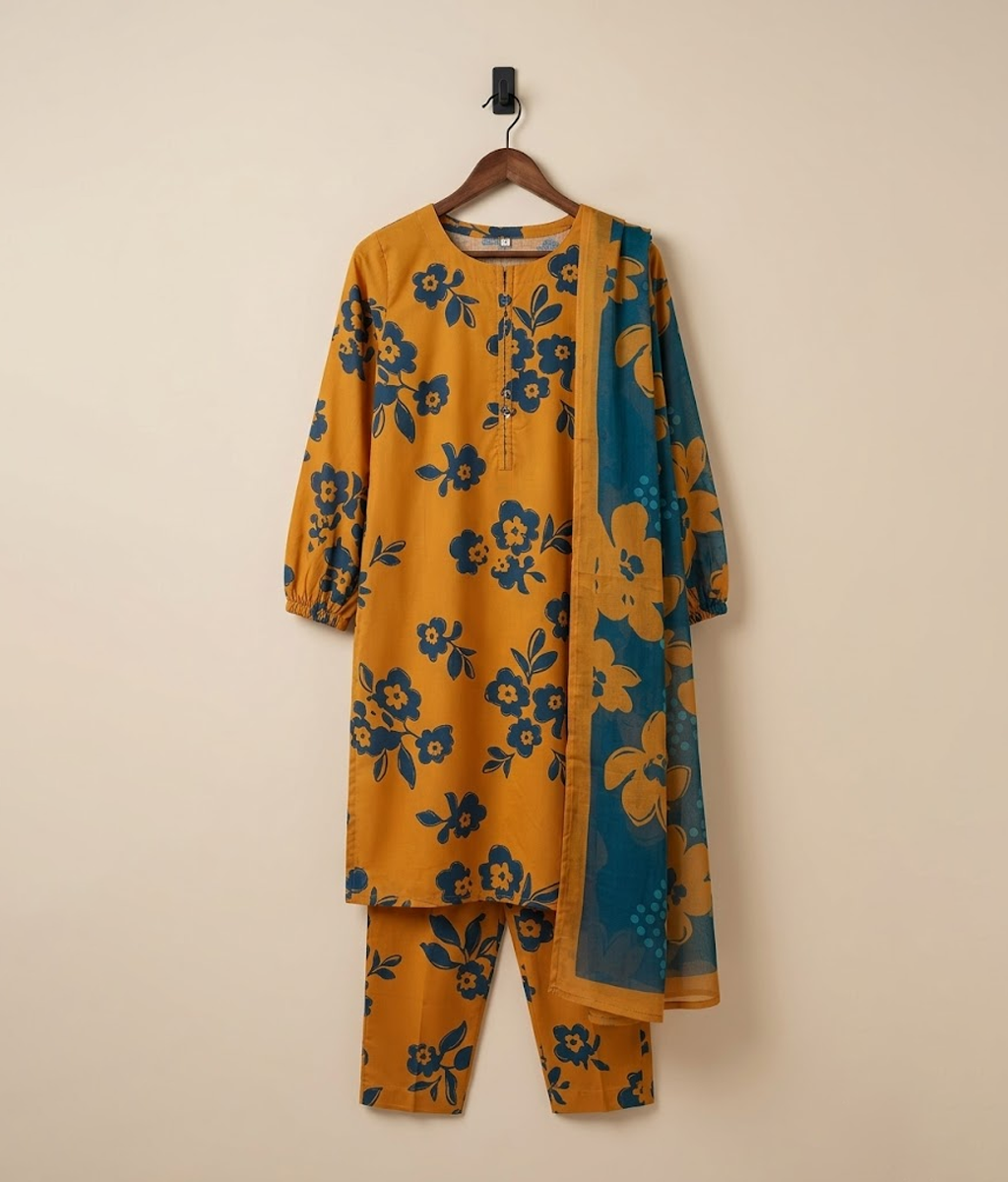 Orange arabic Lawn printed 3 piece