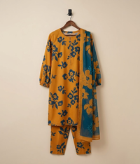 Orange arabic Lawn printed 3 piece