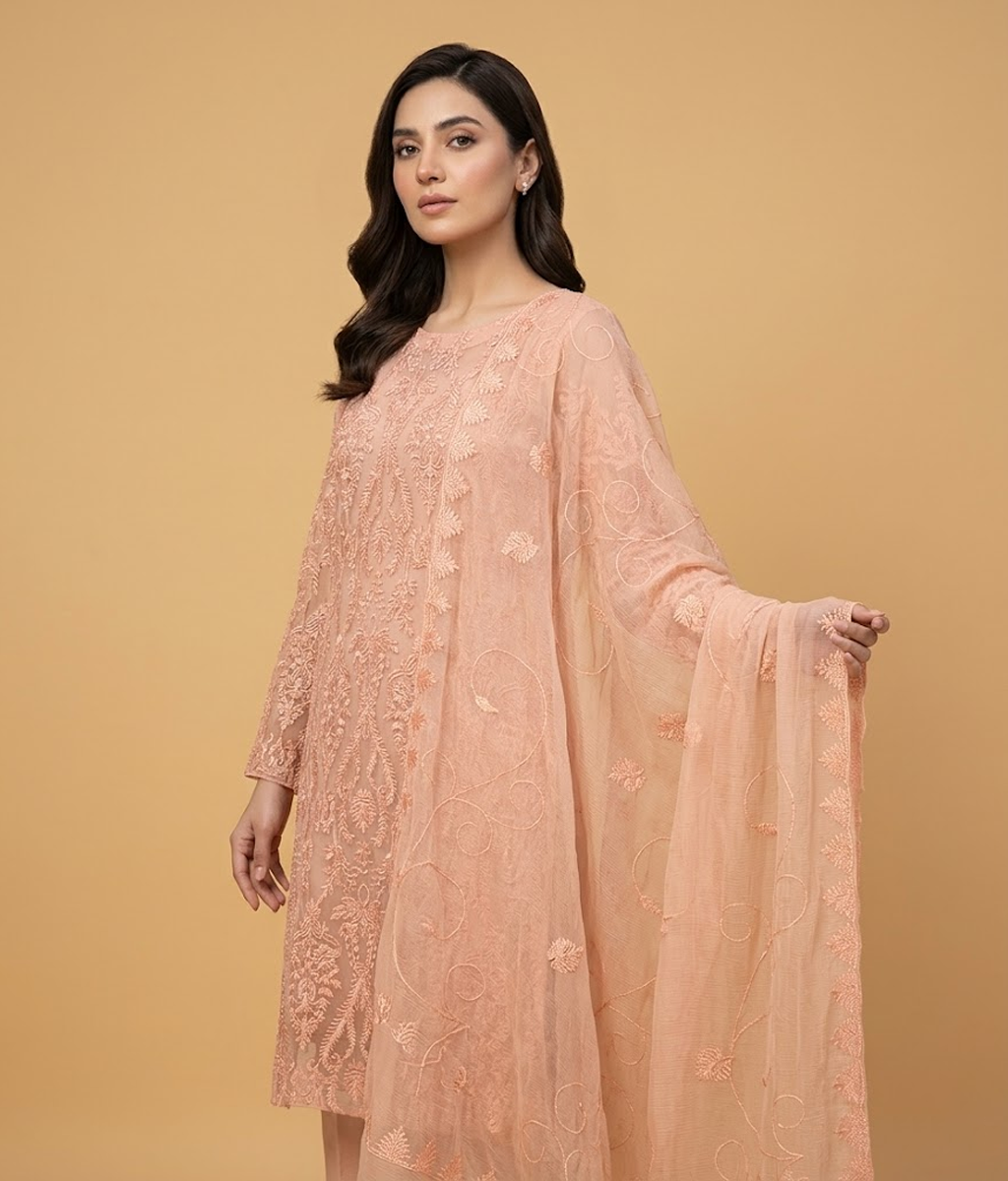 Ornate Mesh Chiffon 2 Piece Shirt and Dupatta
