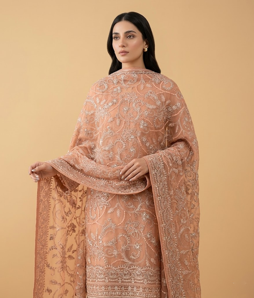 Pale orange Lattice Jaal Chiffon 2 Piece