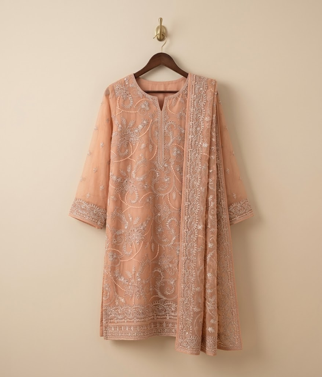 Pale orange Lattice Jaal Chiffon 2 Piece