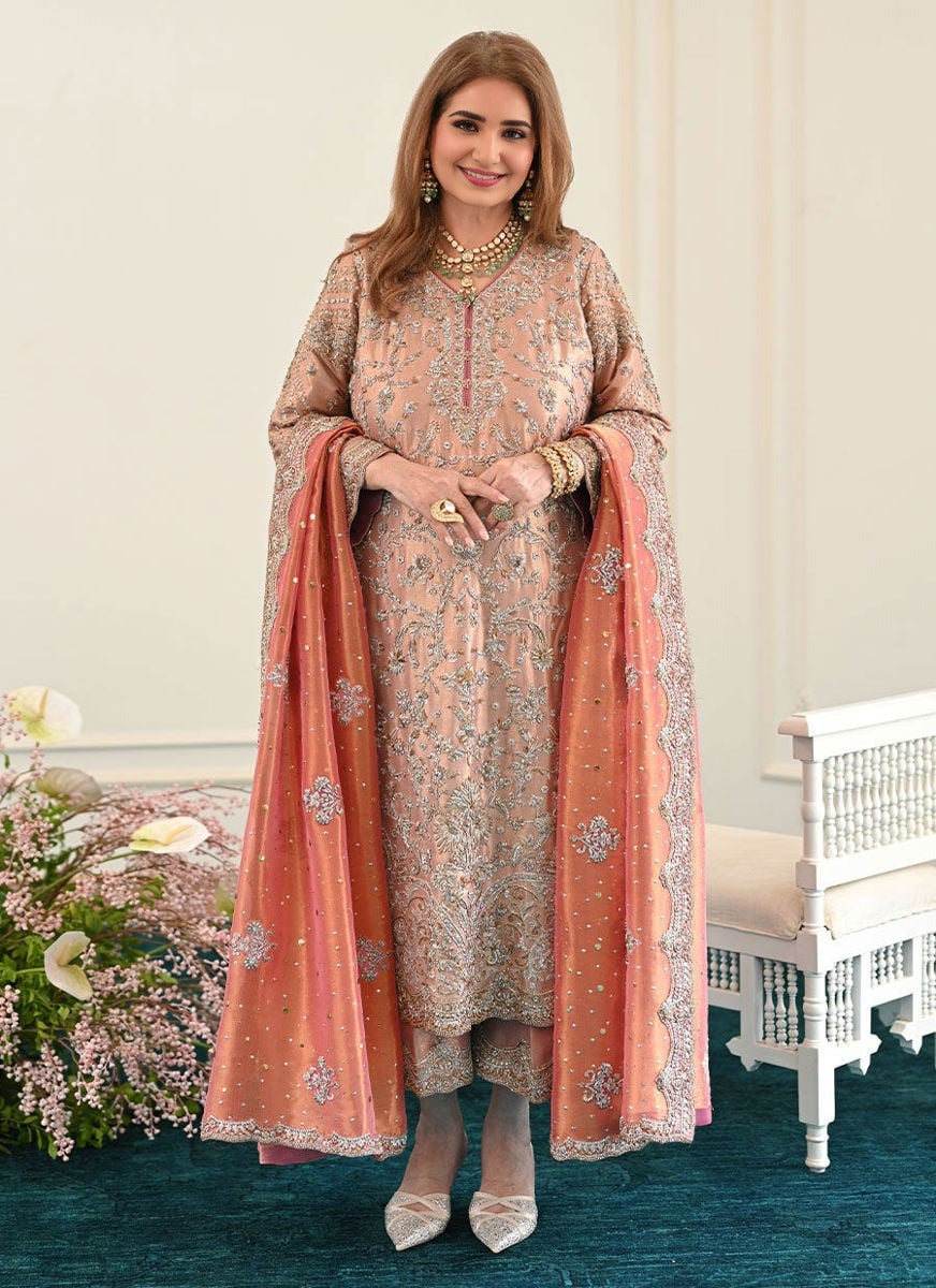 Peach Zardozi & Crystal Worked Straight Suit