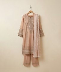 Peach Cotton Embroidered 3 Piece Suit
