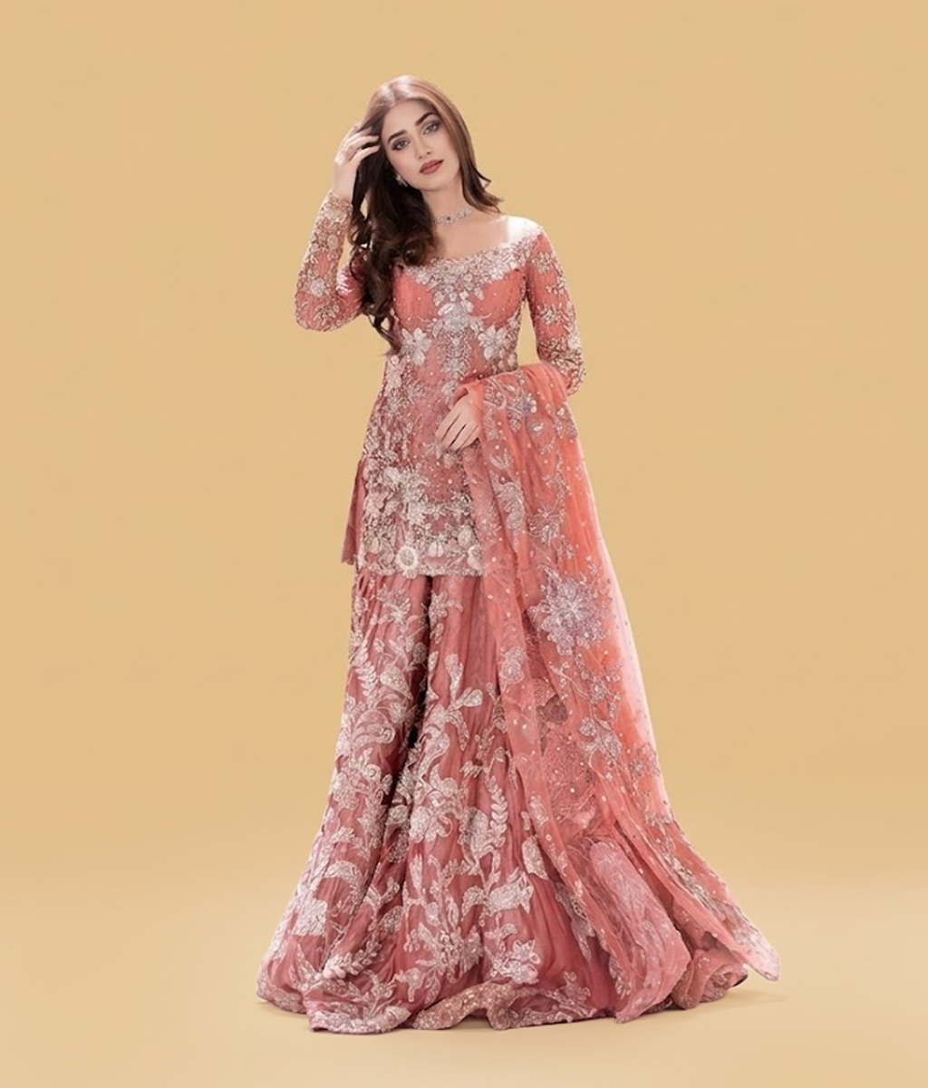 Peach Embroidered Net Gharara
