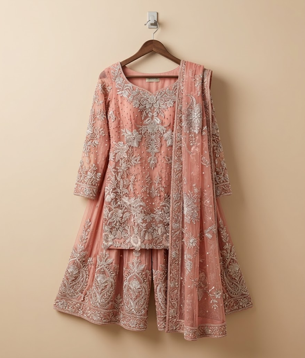Peach Embroidered Net Gharara