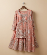 Peach Embroidered Net Gharara