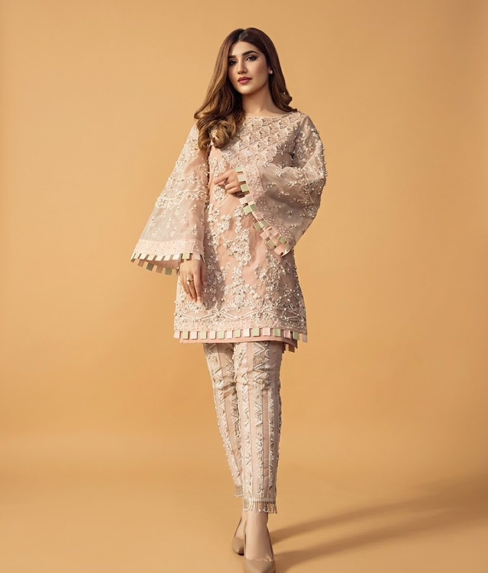Peach Pearl-Work Short Kurti
