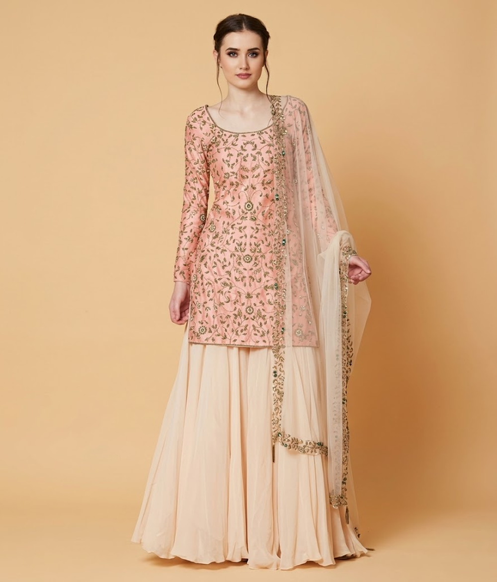 Peach Pink Embroidered Silk Gharara
