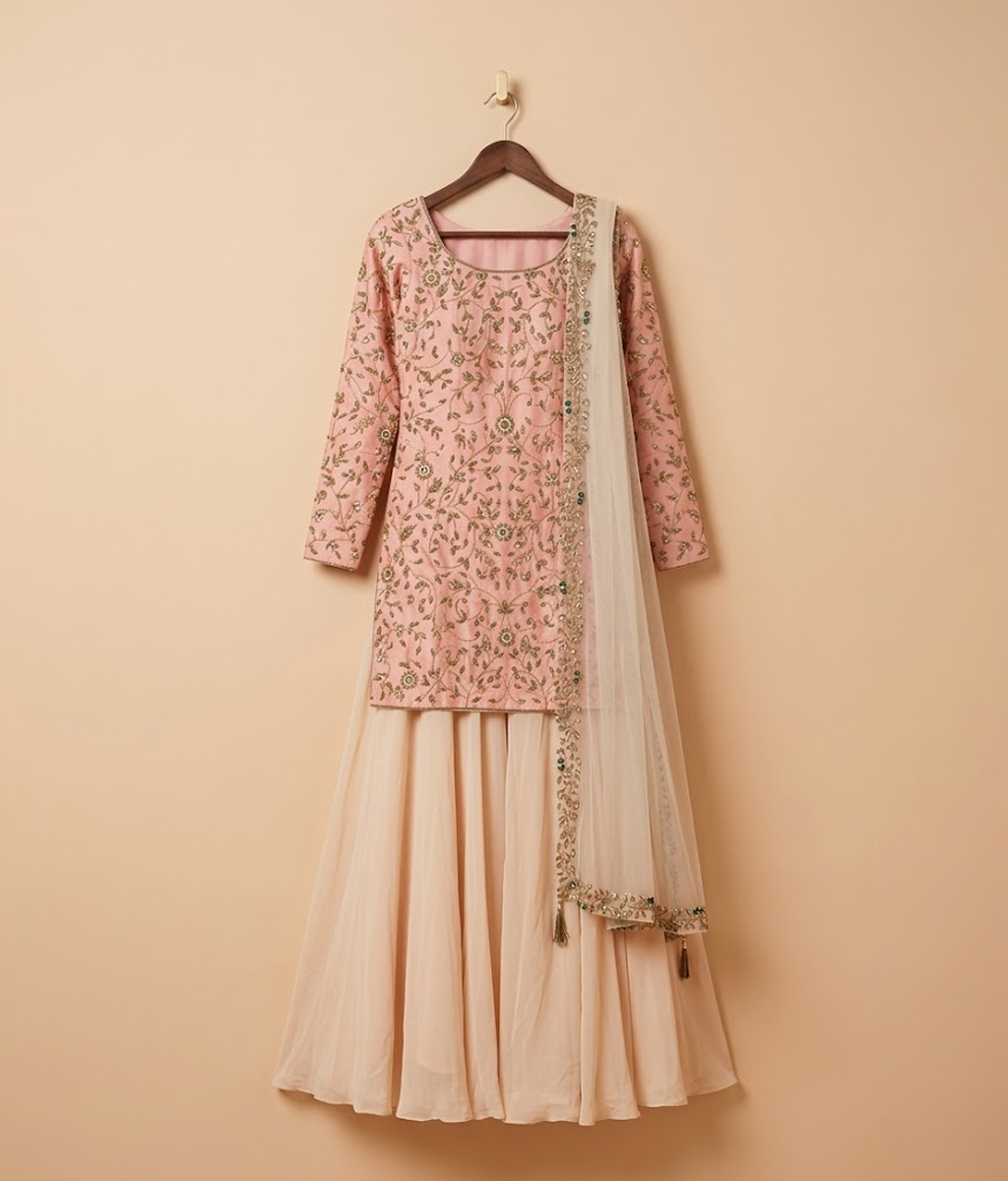 Peach Pink Embroidered Silk Gharara