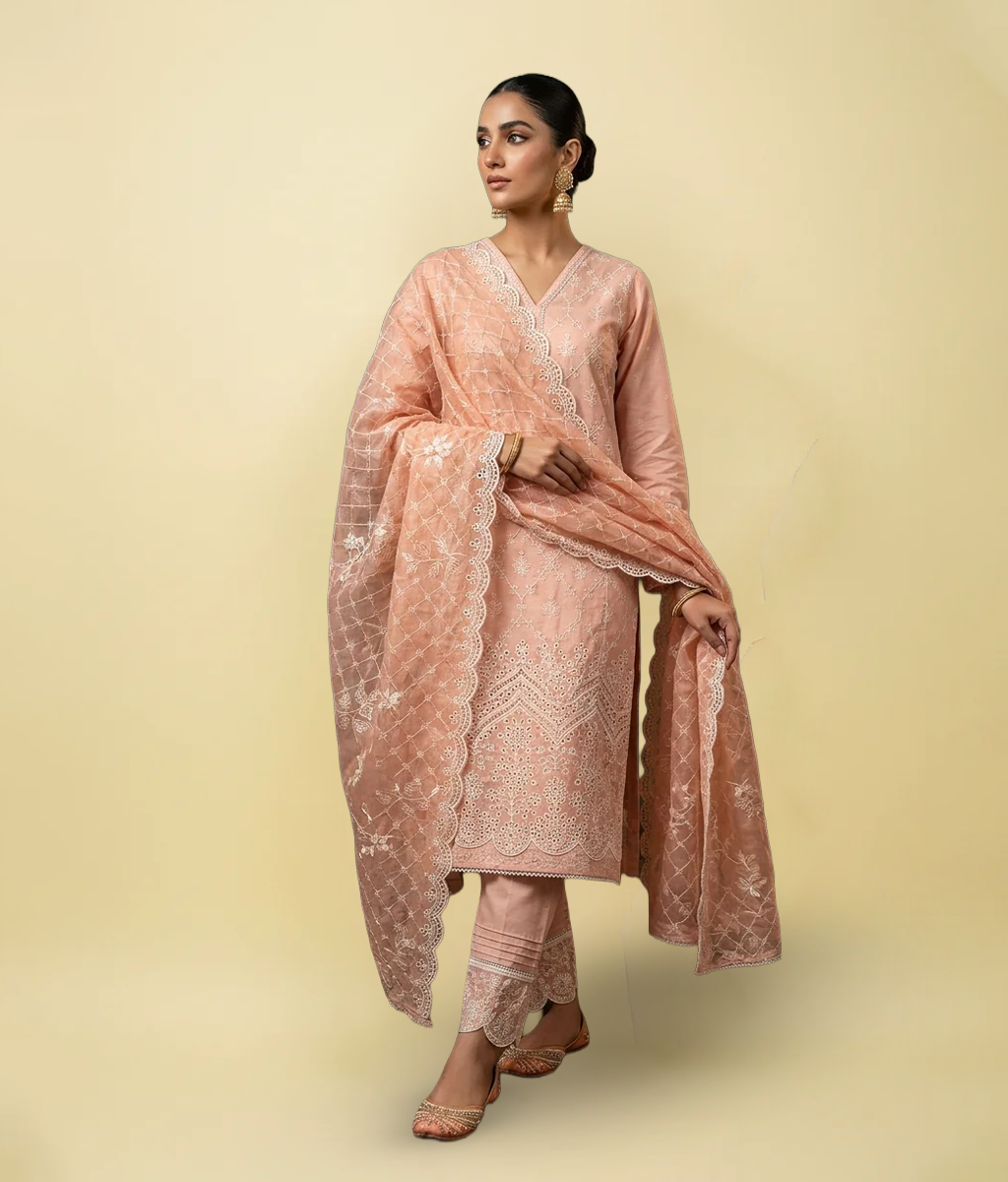Peach Pink Lawn Chickenkari 3 Piece Suit