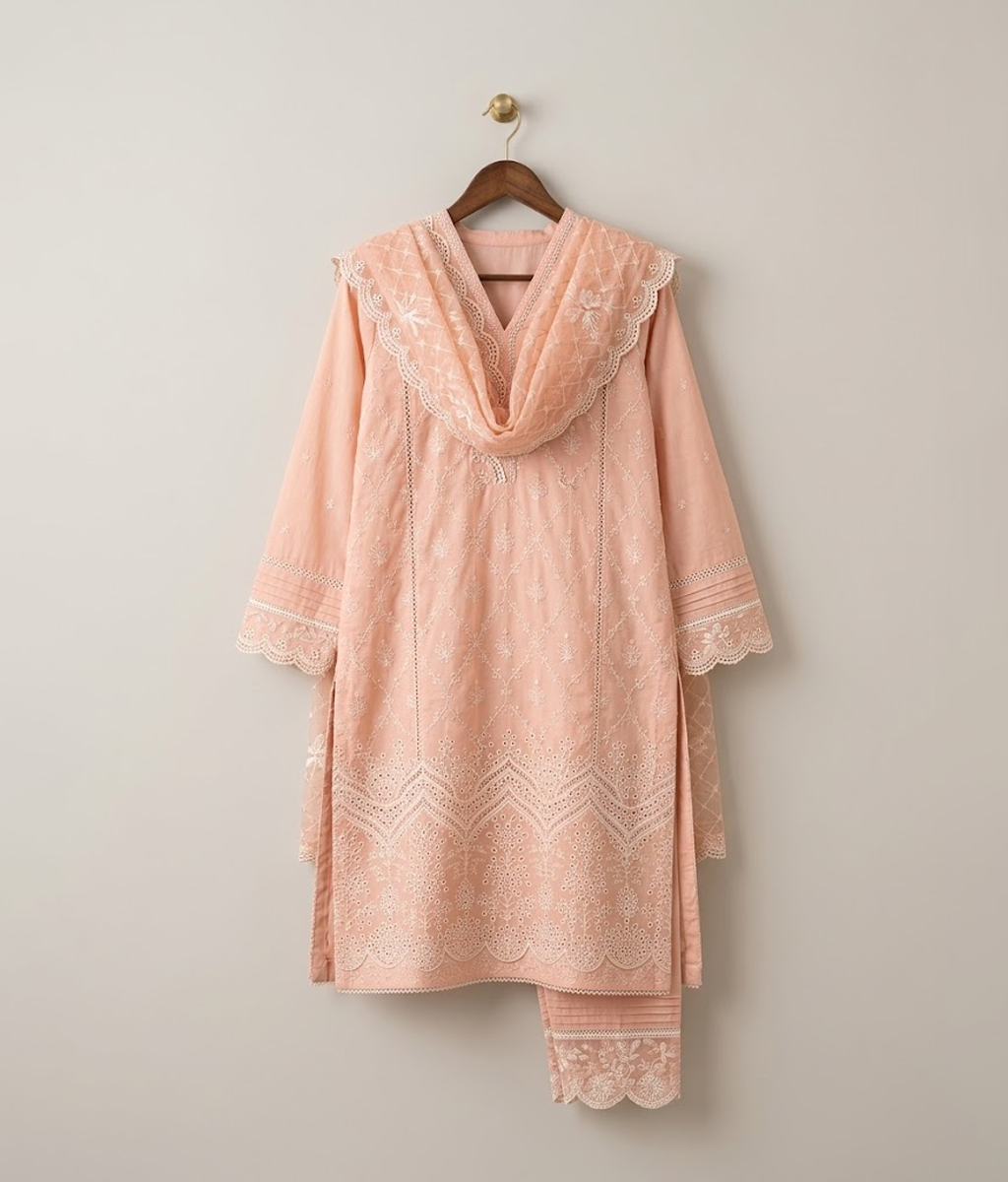 Peach Pink Lawn Chickenkari 3 Piece Suit