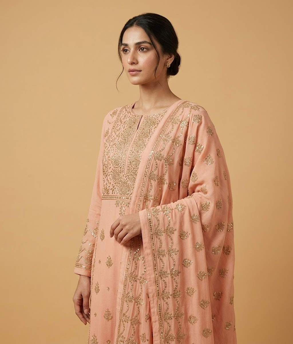 Peach Raw Silk 2 Piece Shirt and Dupatta