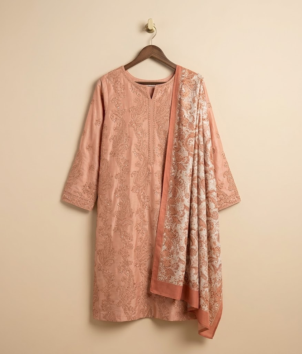 Peach Silk 2 Piece Shirt and Dupatta