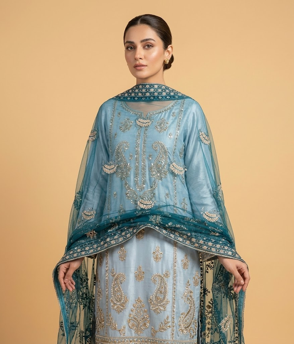 Peacock Blue Cut Dana Net 2 Piece Shirt and Dupatta