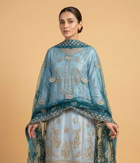 Peacock Blue Cut Dana Net 2 Piece Shirt and Dupatta
