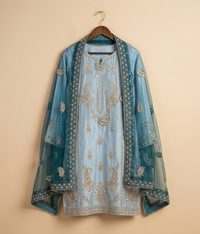Peacock Blue Cut Dana Net 2 Piece Shirt and Dupatta