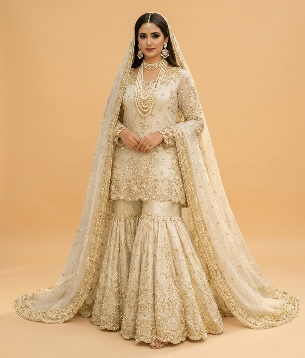 Pearl white Mirror & Resham Worked Gharara