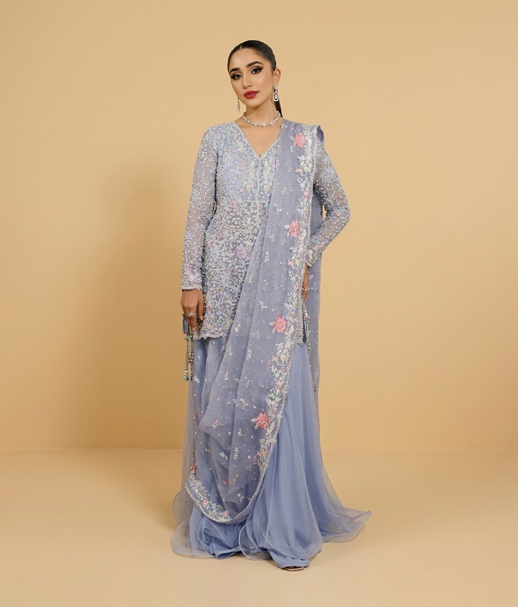 Periwinkle Blue Pastel Tilla & Pearl Worked Gharara Suit