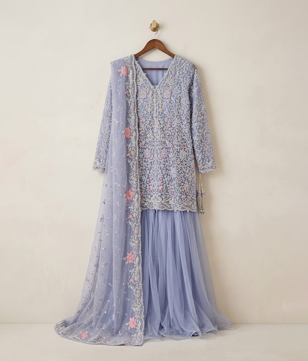 Periwinkle Blue Pastel Tilla & Pearl Worked Gharara Suit