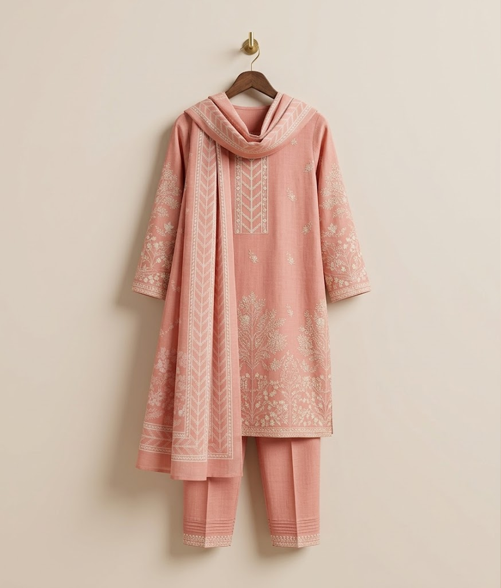 Petal pink embroidered shirt with trouser and printed dupatta
