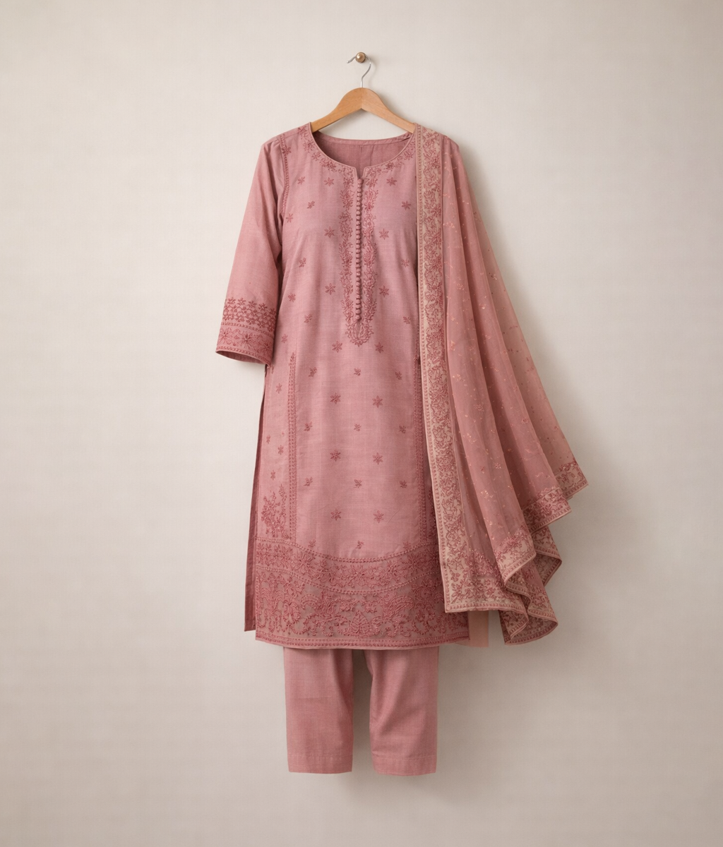Pink cotton 3 piece with embroidery work