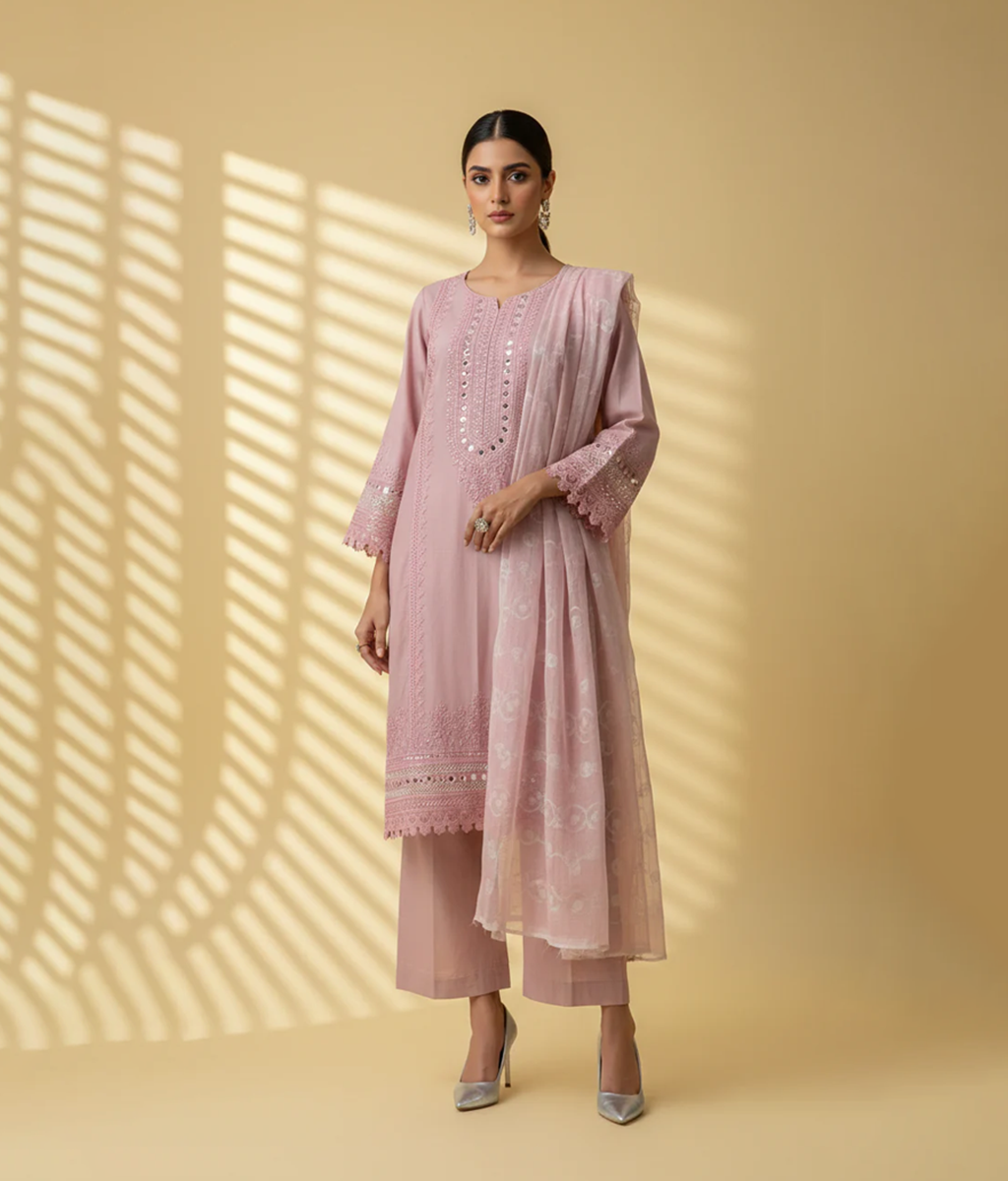 Pink Cotton Embroidered 3 Piece Suit