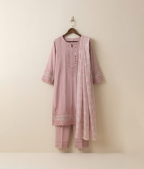Pink Cotton Embroidered 3 Piece Suit