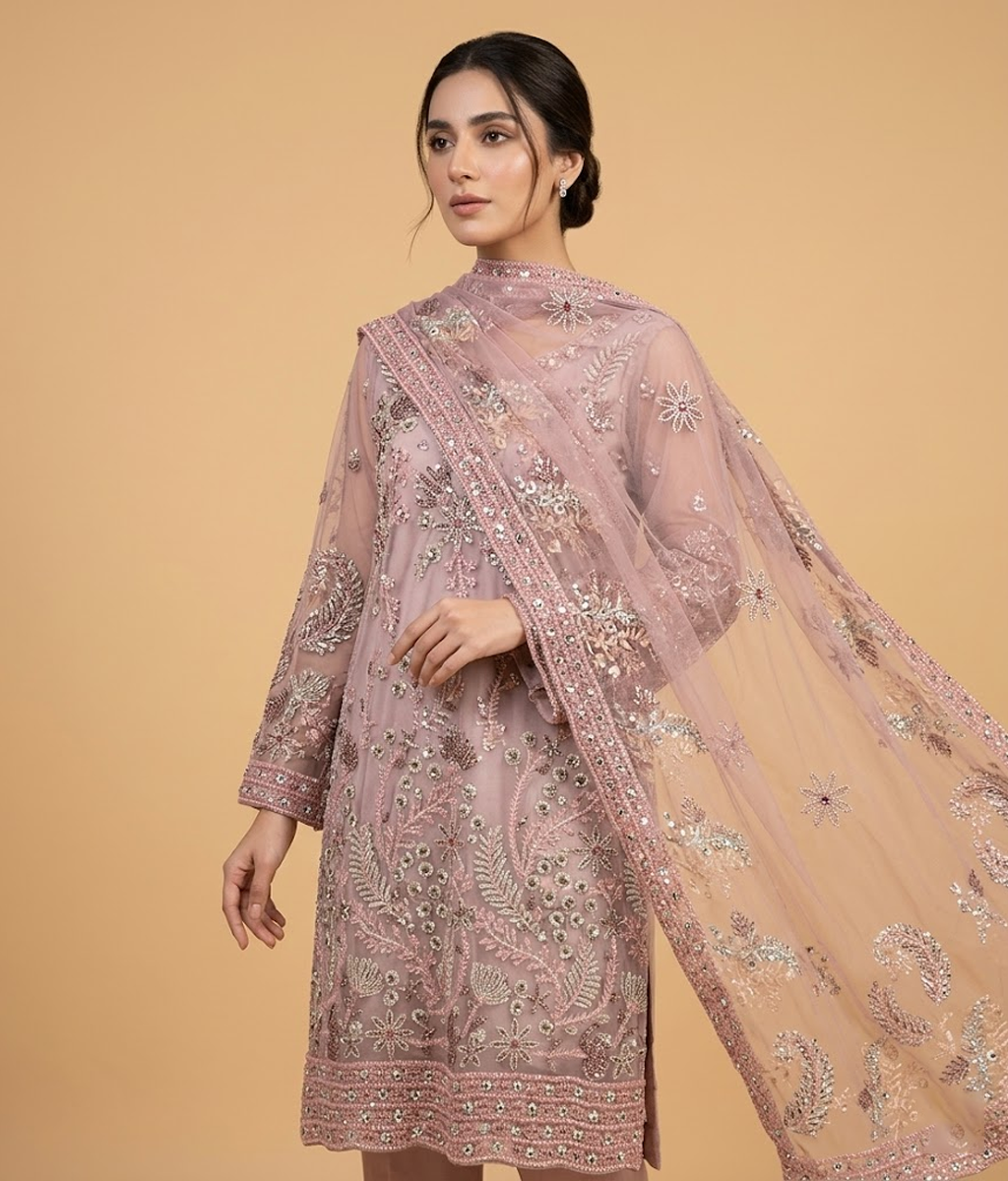 Pink Cut Dana Net 2 Piece Shirt and Dupatta