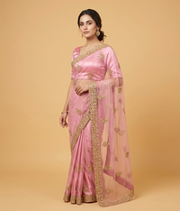 Pink Net Saree with Silk Blouse