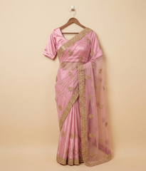 Pink Net Saree with Silk Blouse