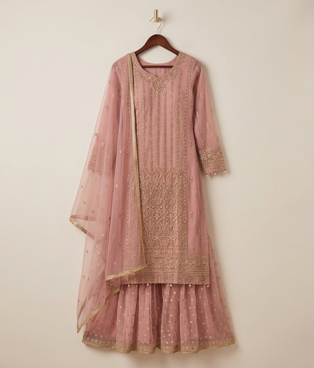 Pink Net Sequin Gharara