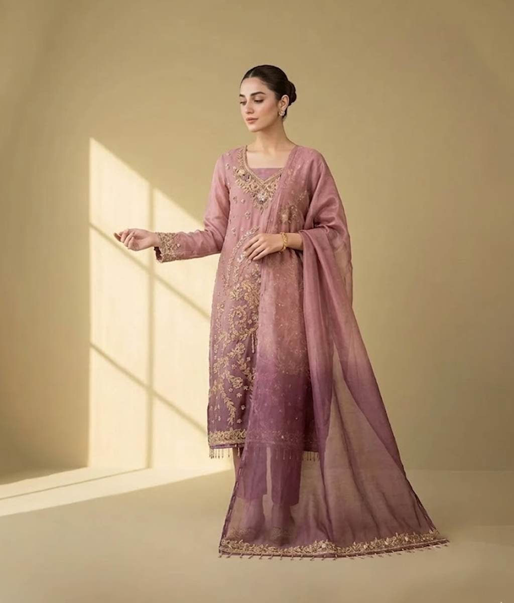 Pink Raw Silk 3 Piece Suit Dabka Work with Dupatta and Plain Trousers