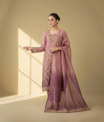 Pink Raw Silk 3 Piece Suit Dabka Work with Dupatta and Plain Trousers