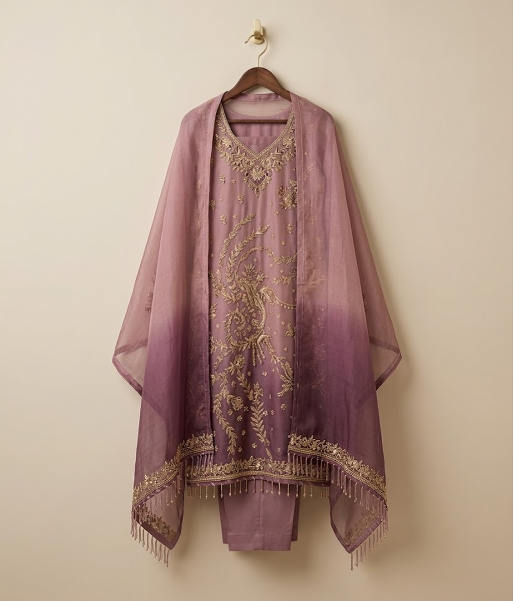Pink Raw Silk 3 Piece Suit Dabka Work with Dupatta and Plain Trousers