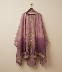 Pink Raw Silk 3 Piece Suit Dabka Work with Dupatta and Plain Trousers