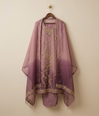 Pink Raw Silk 3 Piece Suit Dabka Work with Dupatta and Plain Trousers