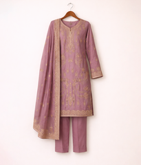 Raw Silk 3 Piece Suit Heavy Dabka Work with Dupatta and Plain Trousers