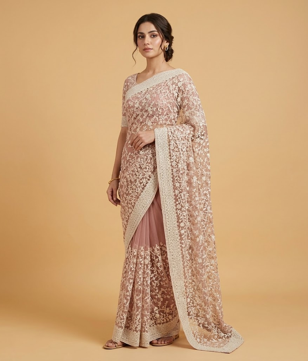 Pink and silver Embroidered Jaal Net Saree