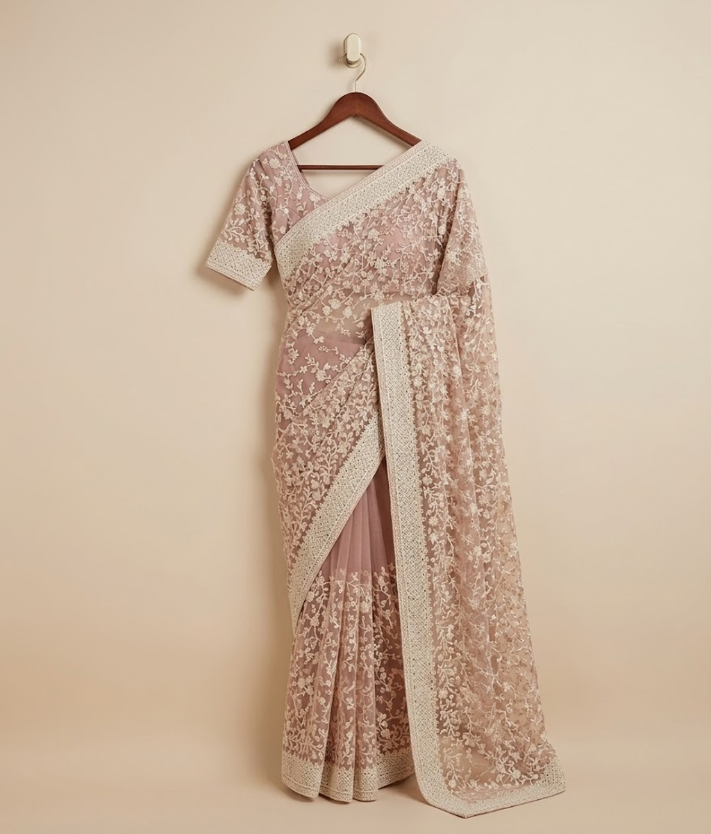 Pink and silver Embroidered Jaal Net Saree