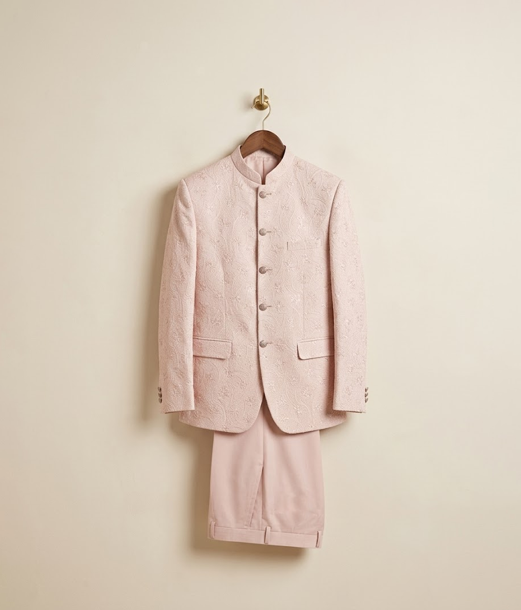Pink self embroidered buttoned prince coat