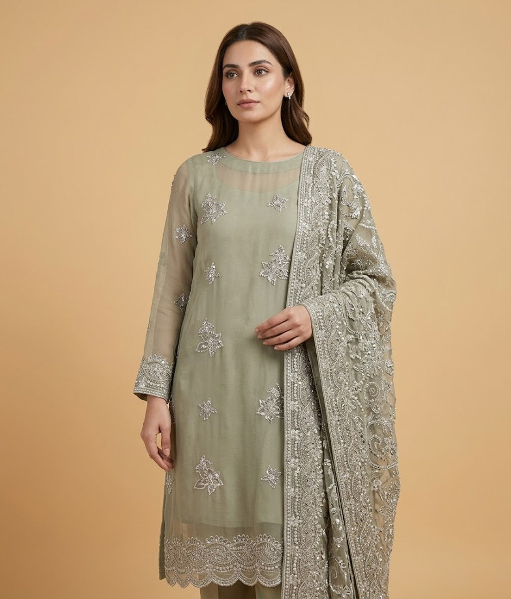 Pista green Lattice Jaal Chiffon 2 Piece