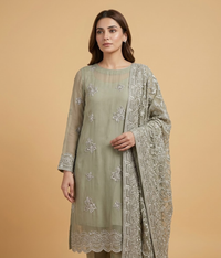 Pista green Lattice Jaal Chiffon 2 Piece