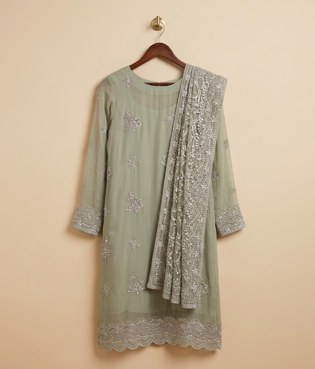 Pista green Lattice Jaal Chiffon 2 Piece