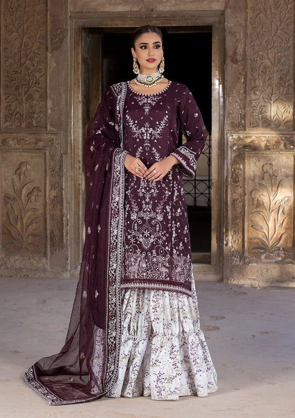 Plum Purple Hand-Embroidered Velvet-Border Gharara